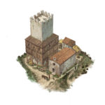 Il castello di Carbonana nel XIII secolo: si tratta del primitivo nucleo castrense. La torre, circondata da sporti in legno, è affiancata dalla chiesa.